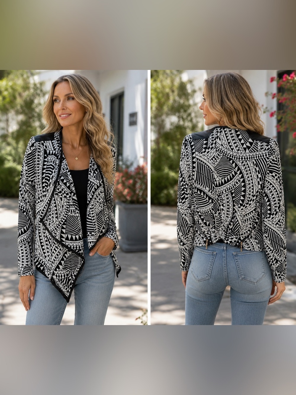 Black White Aztec Print Open Front Cardigan Blouse Faux Leather Trim M